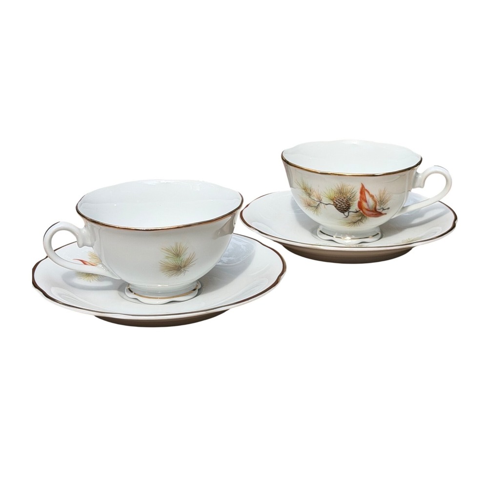 Pine Tree Fine Translucent China Teacup Saucer Set Autumn Pinecone 1950s Japan